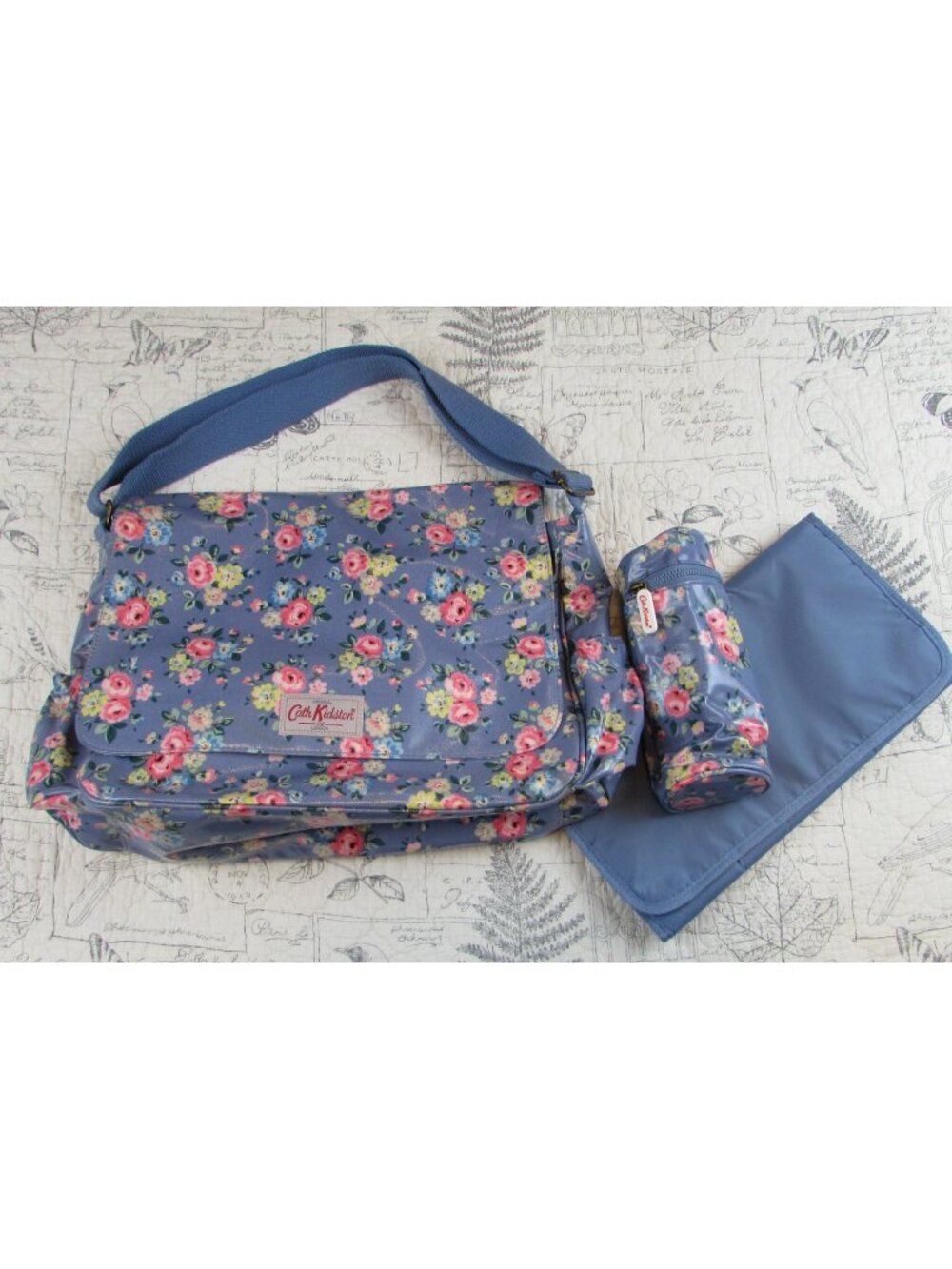 New Cath Kidston Diaper Bag set periwinkle floral coated bag changing pad pouch